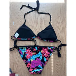 New Womens Euro Floral Print 2pc String Bikini Black blue pink purple aqua Small thumbnail 3