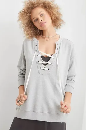 Aerie Lace Up Oversized Crew Sweatshirt Grey Size Small thumbnail 1