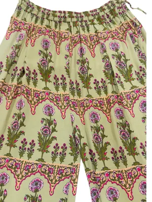 Boho Floral Wide Leg Palazzo Pants Size 38 Sage Green Pink Print Elastic Waist thumbnail 6