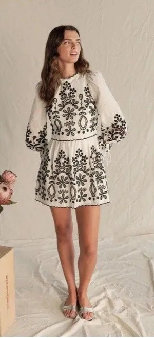 SAYLOR Ivory Mini Dress with Black Floral Embroidery Size XS 100% Cotton thumbnail 1
