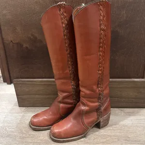 Frye Vintage Braided Sabrina Amber Brown Knee High Tall Boot Women's size 6 thumbnail 2