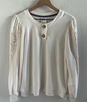 Knox Rose Cream Boho Button Lace Sweatshirt Long Sleeve Medium thumbnail 1