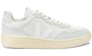 VEJA V-90 Leather and Suede Sneakers in Gravel White thumbnail 1