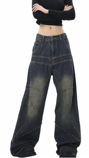 NEW Street Fashion Loose Jeans Y2k Rivet Star Gothic Loose Denim XS thumbnail 1