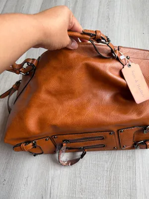 Sam & Hadley Brown Cognac Satchel Bag Buckle Detail Faux Leather Large Handbag thumbnail 8