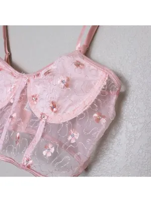 Floral Embroidered Lace Underwire Bralette M Pink Sheer Lingerie Bra Sequin thumbnail 6
