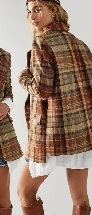 Free People Wool Mari Tartan Plaid Blazer Winter Wheat Small Dark Academia thumbnail 1