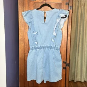 Sadie & Sage NEW Light Wash Denim Jean Ruffle Shorts Romper Summer Cottagecore L thumbnail 3