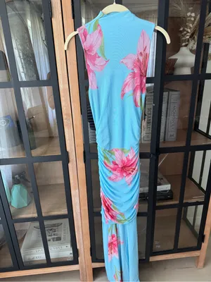 NWT Sincerely Jules Maxi Dress mock neck ruched Pink Floral Print stretchy mesh thumbnail 5