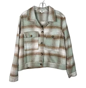 Umgee Boutique Pastel Green Brown Plaid Shacket Boxy Fit Top Jacket Layering M thumbnail 1