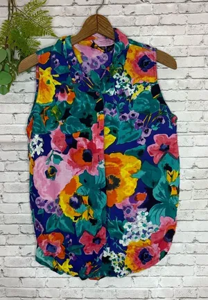 Vintage BC and Co Rainbow Floral Sleeveless Button Down Shirt thumbnail 1