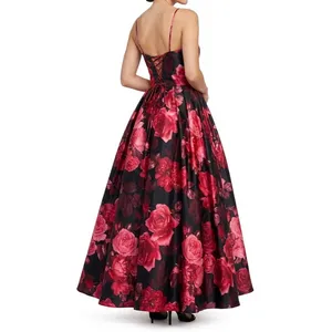 Betsy & Adam Floral Rose Satin Gown Black Red Lace Up A-Line Prom Formal Size 8 thumbnail 2