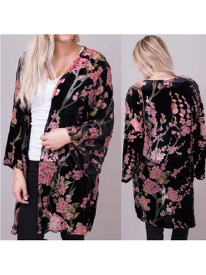POL Cherry Blossoms Floral Burnout Velvet Kimono Cardigan Size Large‎ thumbnail 2