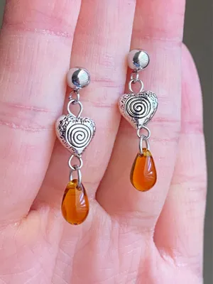Handmade retro vintage fairy boho funky hippie style quality spiral heart dangle earrings🌀🤎🌱 thumbnail 5