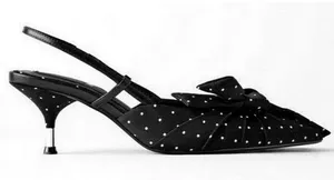 Zara Black & White Polka Dot Kitten Heel Sling back Shoes(Size 39) thumbnail 1