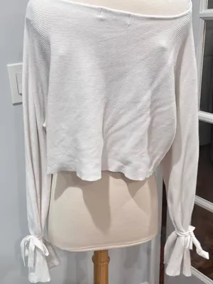 Zara White Knit Ribbed Cropped Top with Tie Cuff Bell Sleeves thumbnail 1