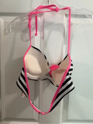 BONGO Black & White Striped Bikini Top with Hot Pink Trim thumbnail 5