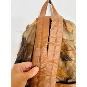Vintage 1980s/90s Brown Leather Patchwork Clip Front Drawstring Backpack Bag thumbnail 9
