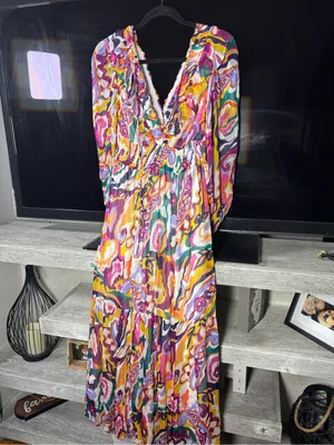 Anthropologie Multicolor Swirl-Print V-Neck Tiered Maxi Dress thumbnail 6