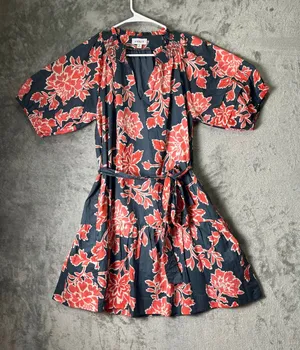 Evereve Navy Coral Floral 100% Cotton Puff Sleeve Belted Tiered Mini Dress M thumbnail 1