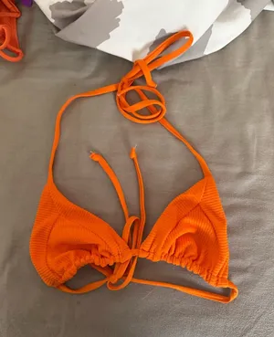 Frankie's Bikinis Orange Ribbed Triangle Bikini Top thumbnail 1
