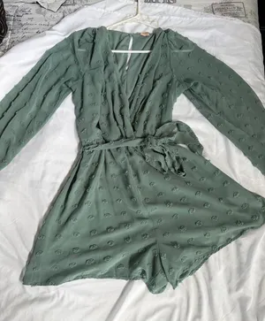 Sage Green Long-Sleeve Wrap short Mini Dress with Tie Waist thumbnail 1