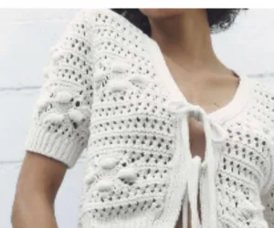 Zara off white cream ivory crochet short sleeve tie front knit sweater cardigan thumbnail 5