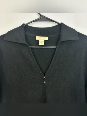 Simply Cashemere Black Pullover Collared Polo Sweater V-neckline 100% Size Small thumbnail 2
