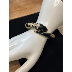 Gold & Black Snake-Inspired Hinged Bangle Bracelet With Rhinestone Embellishment thumbnail 2