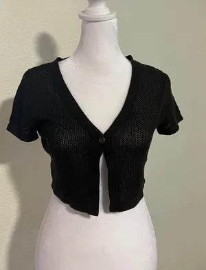 New York & Company Black Knit Short-Sleeve Cropped Cardigan thumbnail 1