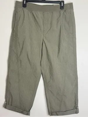 Chico’s Cuffed Cropped Tab Olive Green Seamed Pants elastic waistband Cotton 10 thumbnail 1