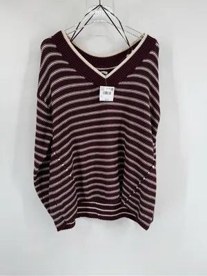 NEW‎ American Eagle Burgundy Striped Chunky Oversized V Neck Swester Sz small thumbnail 2
