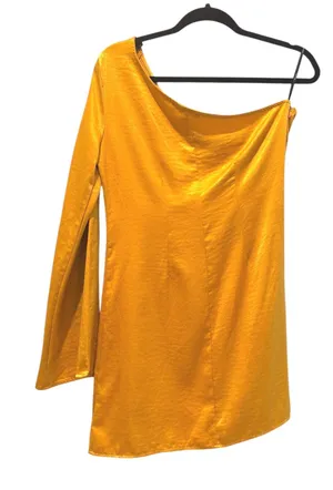 Forever 21 One Shoulder Gold Dress Long Bell Sleeve Party‎ Cocktail Womens Large thumbnail 1