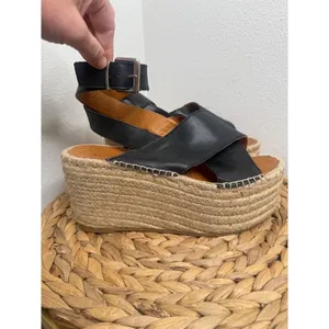 Alohas Sandals Vegas Platform Espadrilles Sandal Black Wedge Leather Jute Strap thumbnail 2