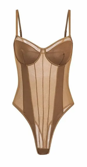 Micas Mesh Backless Sheer Patchwork Corset Slip Bodysuit‎ Womens 12 Boudoir Sexy thumbnail 1