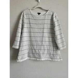 Talbots Women's Size Large 3/4 Sleeve Fringe Hem Sweater Top White Black Stripes thumbnail 5