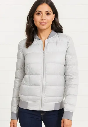 Athleta‎ Womens Jacket Goose Down Dooby Bomber Jacket Coat Gray Size S thumbnail 1