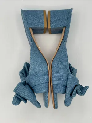STUART WEITZMAN Love Knot Denim Wash Bow Slide Sandals 50 Block Heel Size 7 thumbnail 7