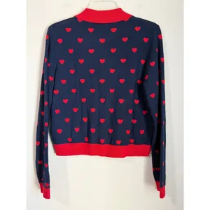 Zara Heart Print Cardigan Sweater Women M Navy Blue Red Polo Polka Dots JACQUARD thumbnail 3