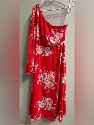 NEW Lulus Brunch Besties Red Floral One Shoulder Midi‎ Graduation Wedding Dress thumbnail 2