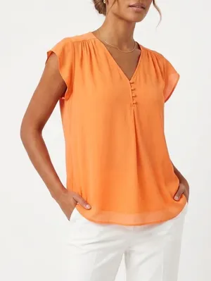 Maison d'Amélie Orange Cap Sleeve V-Neck Henley Blouse Size L thumbnail 1