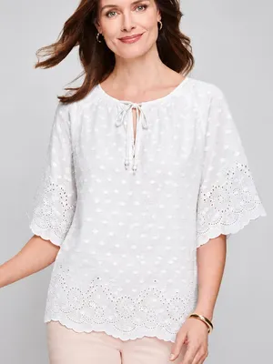 Studio West 100% Cotton Eyelet Swiss Dot Boho Peasant Blouse M White thumbnail 1