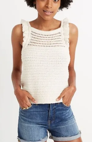 Madewell Sleeeveless Ruffled Strap Crochet Sweater Tank Top Marled Vanilla XL thumbnail 1
