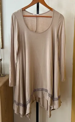 Easel Embroidered‎ Tunic Dress Boho Asymmetrical Hem Bohemian Tan Beige Small thumbnail 1