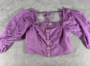 American Eagle Linen Button Crop Top Puff Balloon Sleeve‎ Purple Women's Small thumbnail 1