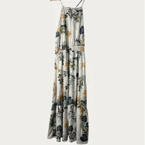 Floral Maxi Dress Women 2XL Cream Tropical Boho Tiered Halter Sleeveless Spring thumbnail 2