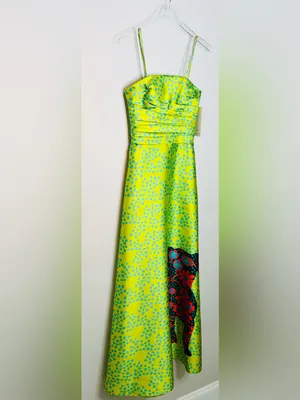 Theia Lime Green Spotted Puppy Dog Satin Formal Strapless Gown Dress thumbnail 3