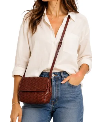 Dillards Woven Leather Cognac Brown Crossbody Bag Fisherman thumbnail 2