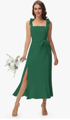 NEW Green Tie Straps Maxi Formal Party Dress with Slit XL NO BELT thumbnail 1