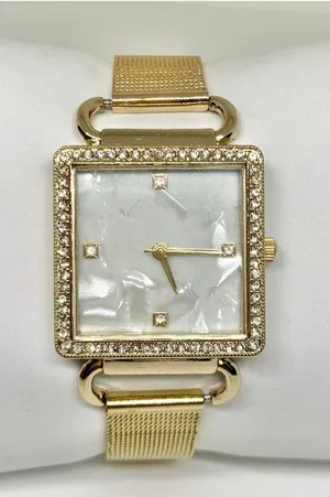 Women’s gold tone watch 27mm square case mop dial rhinestones mesh band running thumbnail 1